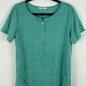 OMSJ Top Blouse Size L Green Short Sleeve Round Neck Button Up Stretch